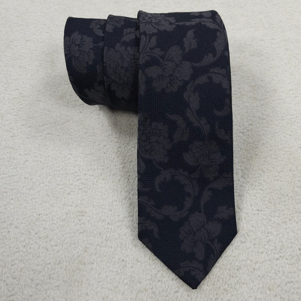 Ermenegildo Zegna Silk Tie Jacquard Floral Mens Necktie Navy Blue Narrow Italy